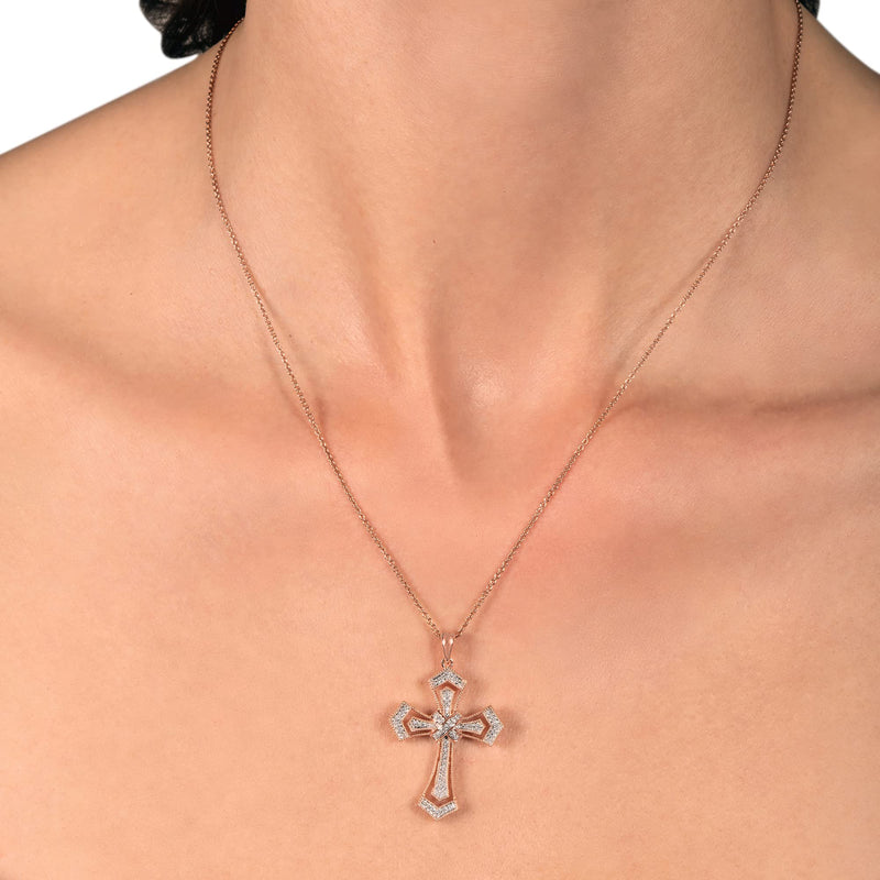 Jewelili Cross Pendant Necklace with Natural White Diamond in Yellow Gold over Sterling Silver View 1