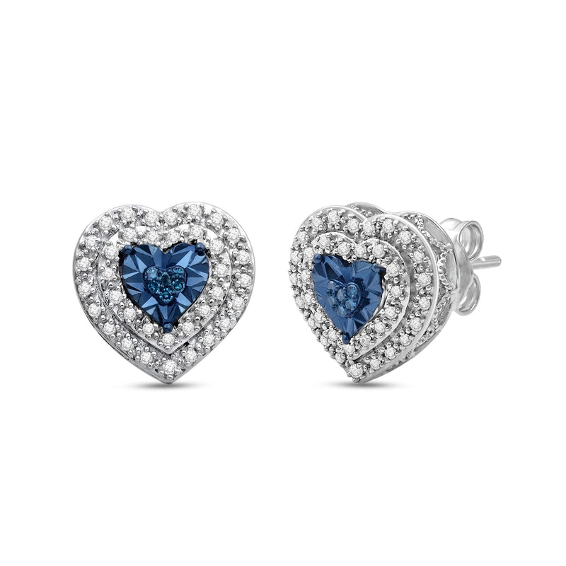 Jewelili Heart Double Halo Stud Earrings with Treated Blue Diamonds and White Diamonds in Sterling Silver 1/4 CTTW View 1