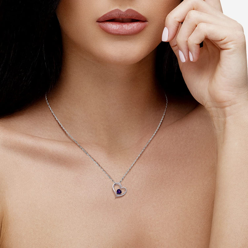 Jewelili Sterling Silver with Amethyst and Created White Sapphire Heart Pendant Necklace