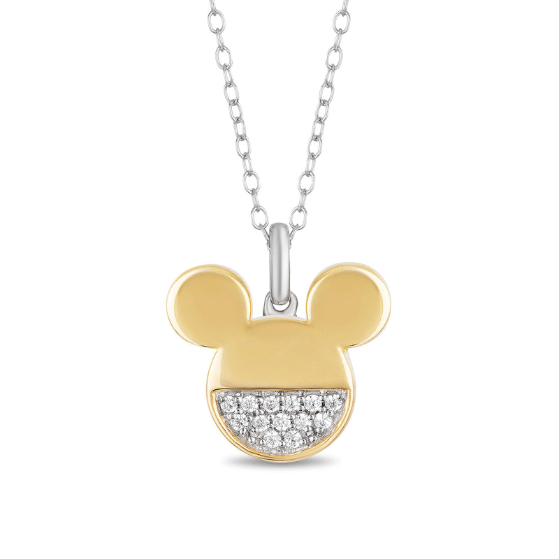 Jewelili Disney Mickey & Friends 10K White & Yellow Gold 1/10 CTTW Diamonds Mickey -Minnie Collection Pendant Necklace