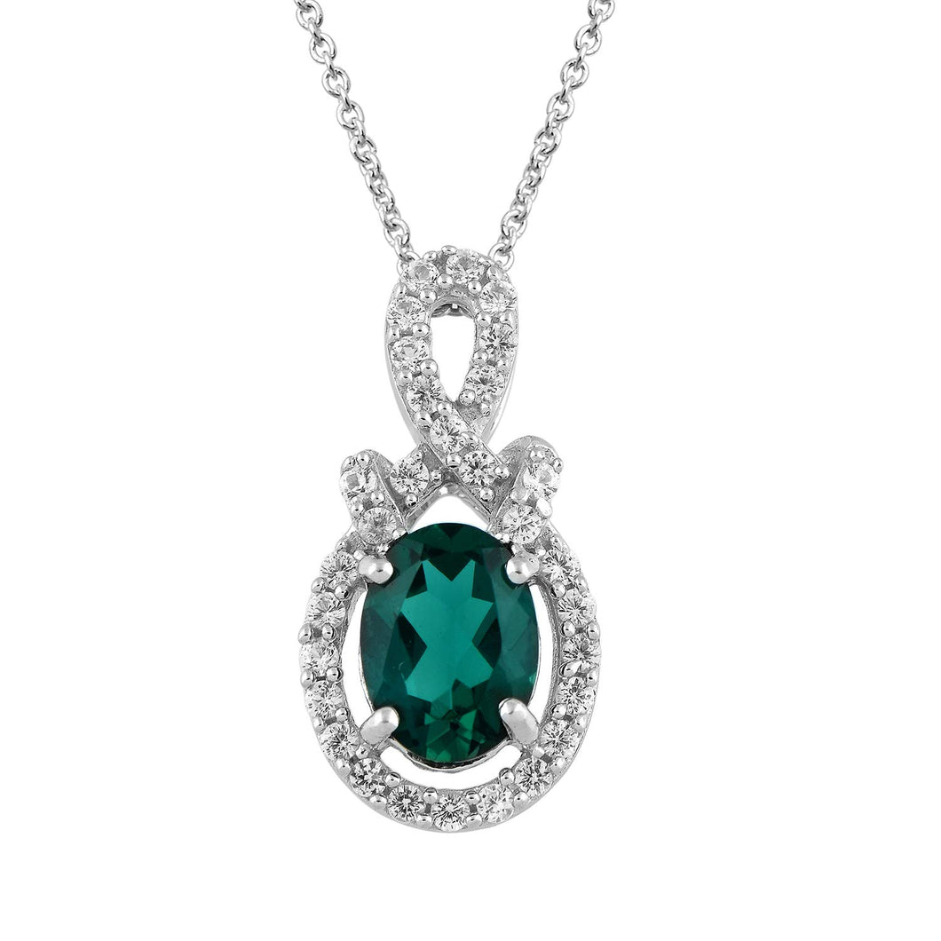 Jewelili Twisted Halo Pendant Necklace with Created Emerald and Created White Sapphire in Sterling Silver View 1