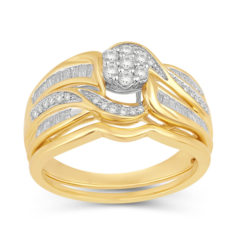Jewelili 14K Yellow Gold over Sterling Silver with 1/2 CTTW Round and Baguette Diamonds Ring