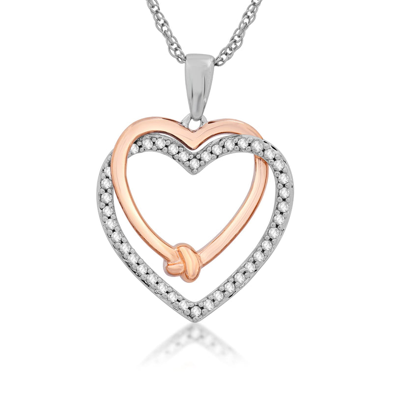 Jewelili Double Heart Pendant Necklace Natural White Round Diamonds in 14K Rose Gold over Sterling Silver 1/5 CTTW View 1