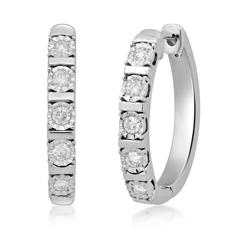Jewelili Hoop Earrings with Natural White Round Shape Diamonds over Sterling Silver 1/4 CTTW 