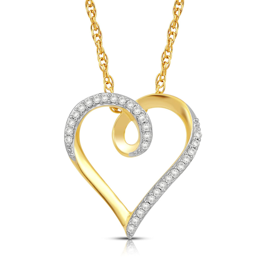 Jewelili 10K Yellow Gold With 1/10 CTTW Natural White Round Diamonds Heart Pendant Necklace