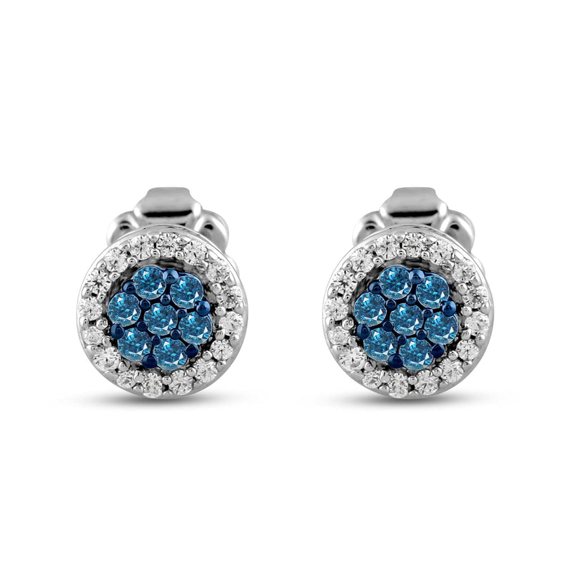 Jewelili Cluster Stud Earrings with Treated Blue Diamonds and White Diamonds in 10K White Gold 1/4 CTTW View 5