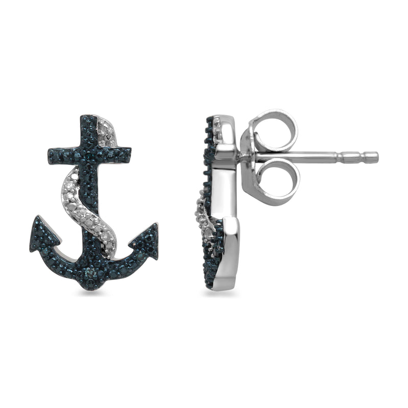 Jewelili Anchor Stud Earrings with Treated Blue and White Natural Diamonds in Sterling Silver View 4