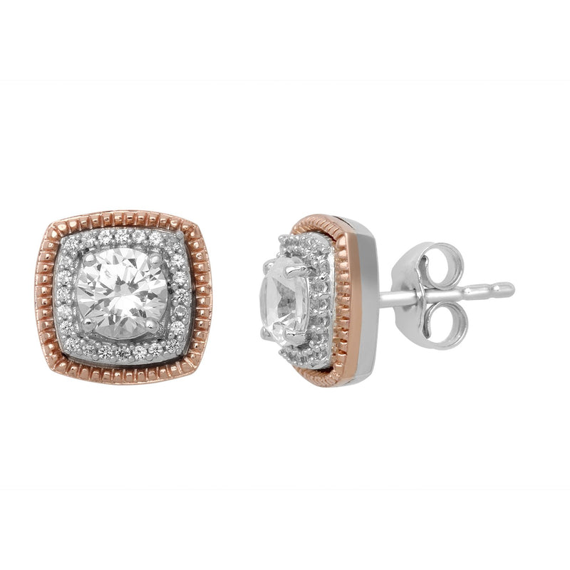 Jewelili Halo Two Tone Earrings with Created White Sapphire in 10K Rose Gold over Sterling Silver View 2
