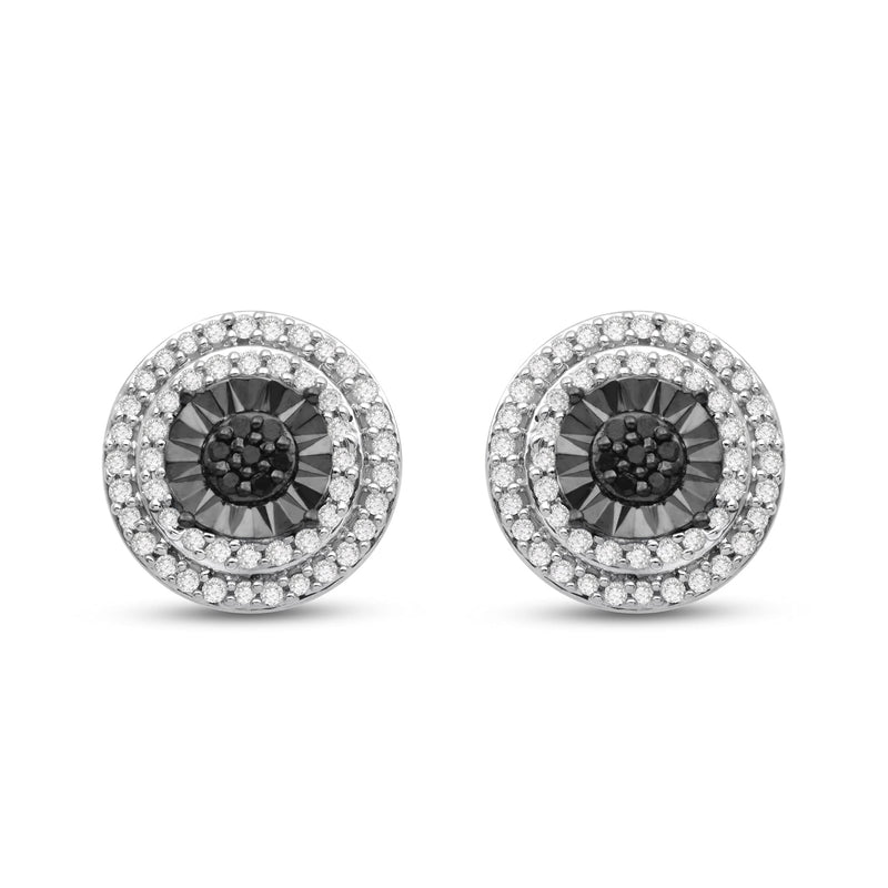 Jewelili Double Halo Stud Earrings with Round Treated Black Diamonds and White Diamonds in Sterling Silver 1/4 CTTW View 3