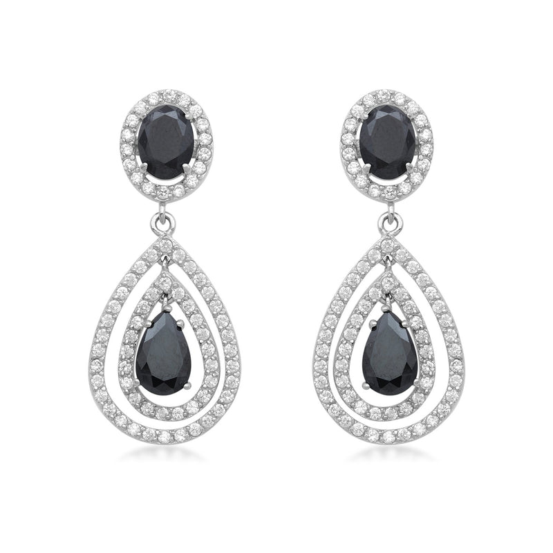 Jewelili Teardrop Drop Earrings with Black Cubic Zirconia and Clear Crystal in Sterling Silver View 2