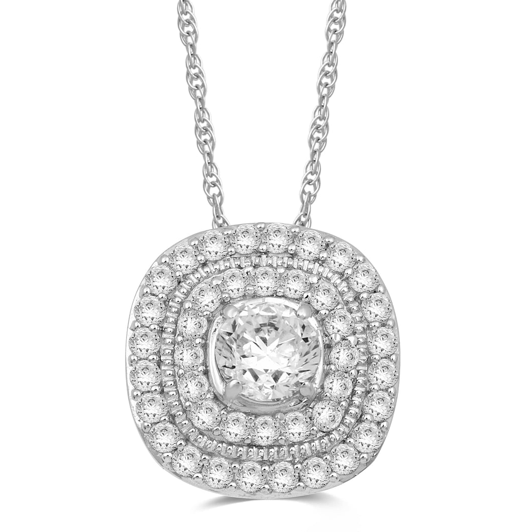 Jewelili Halo Pendant Necklace with Created White Sapphire in Sterling Silver View 1