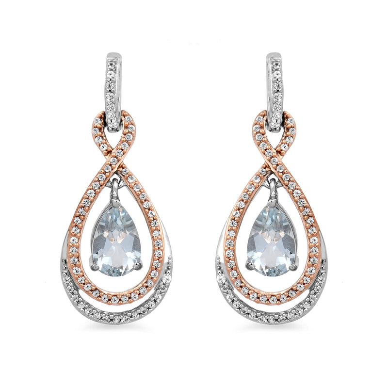 Jewelili Sterling Silver and 10K Rose Gold Pear Aquamarine and Round Created White Sapphire Teardrop Dangle Earrings