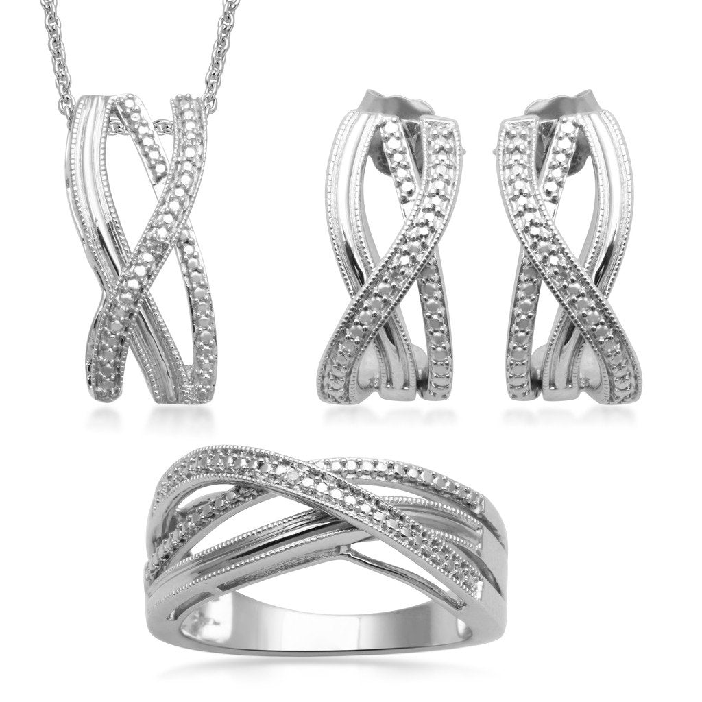 Jewelili Crossover 3 Piece Jewelry Sets with Natural White Diamond in Sterling Silver over Brass View 1