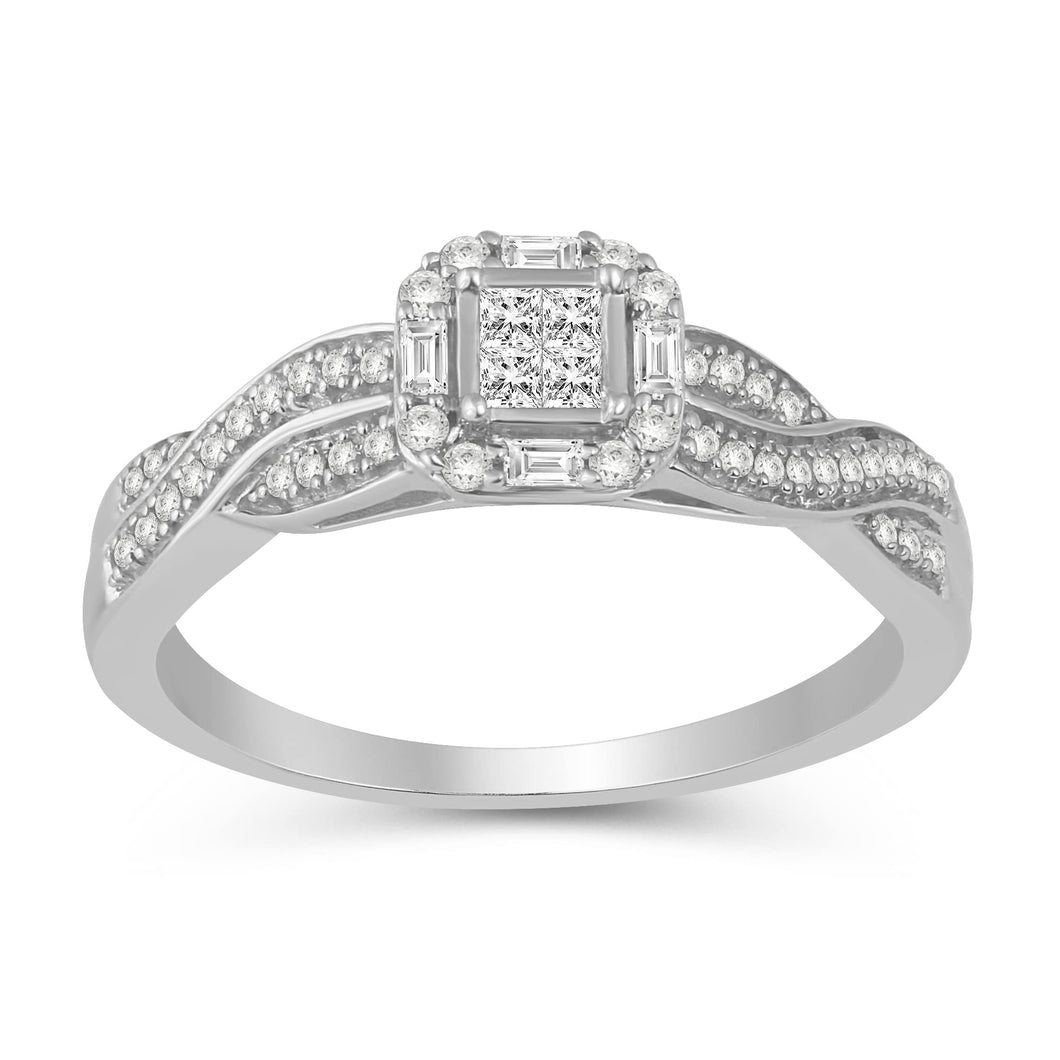 Jewelili Crossover Bridal Ring with Princess, Baguette and Round Diamonds in 10K White Gold 1/4 CTTW View 1
