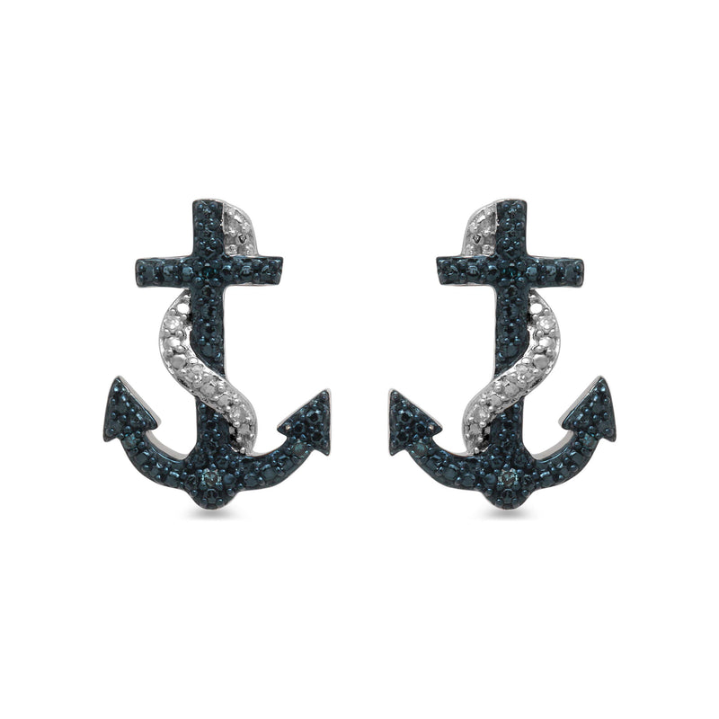 Jewelili Anchor Stud Earrings with Treated Blue and White Natural Diamonds in Sterling Silver View 3