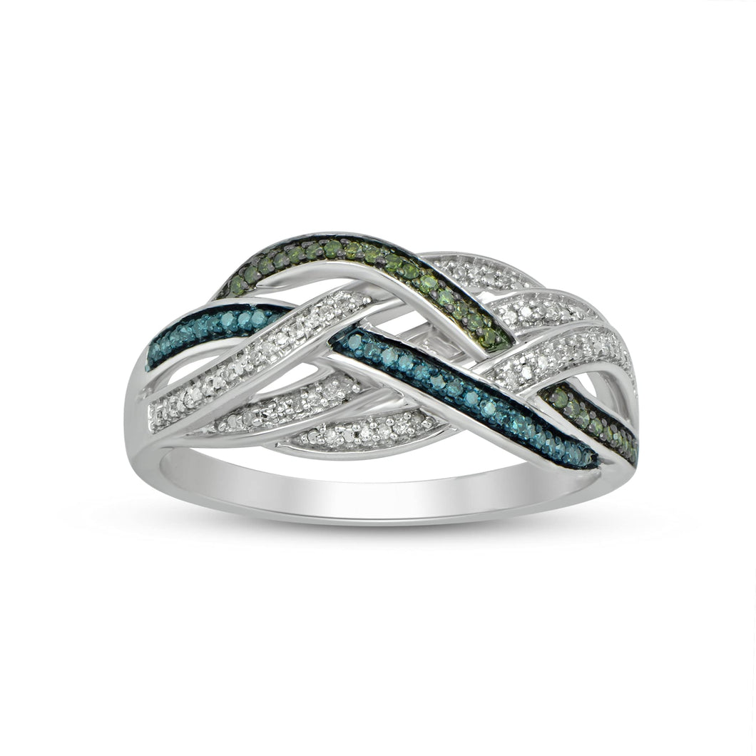 Jewelili Sterling Silver 1/5 Cttw Treated Blue Diamonds and Treated Green Diamonds with Natural White Round Diamond Highway Ring