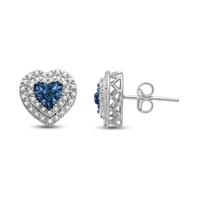 Jewelili Heart Double Halo Stud Earrings with Treated Blue Diamonds and White Diamonds in Sterling Silver 1/4 CTTW View 4