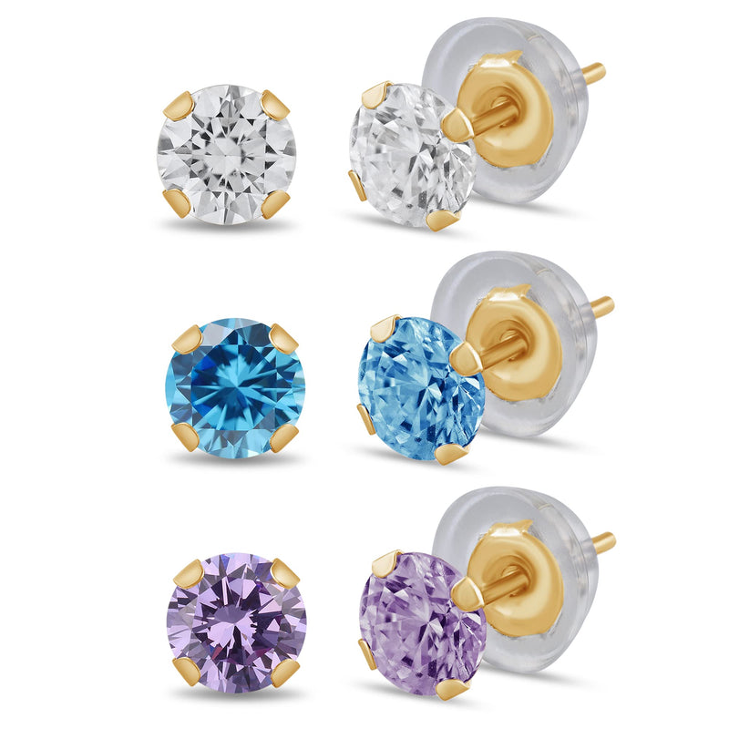 Jewelili Stud Earrings 3 Piece Set with Round White, Blue and Purple Cubic Zirconia in 10K Yellow Gold View 1
