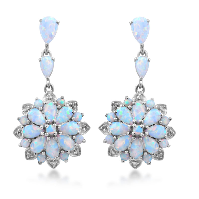Jewelili Flower Cut Dangle Earrings with Created Opal and Natural White Round Diamonds in Sterling Silver 
