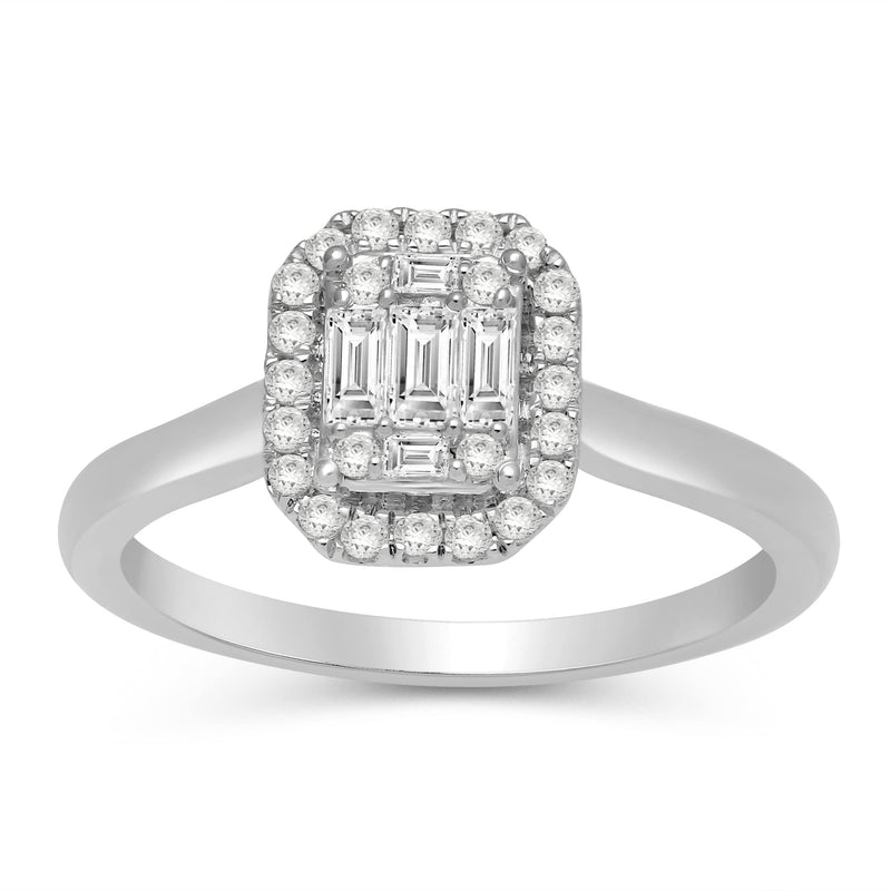 Jewelili 10K White Gold With 1/3 CTTW Baguette and Round Diamonds Bridal Set