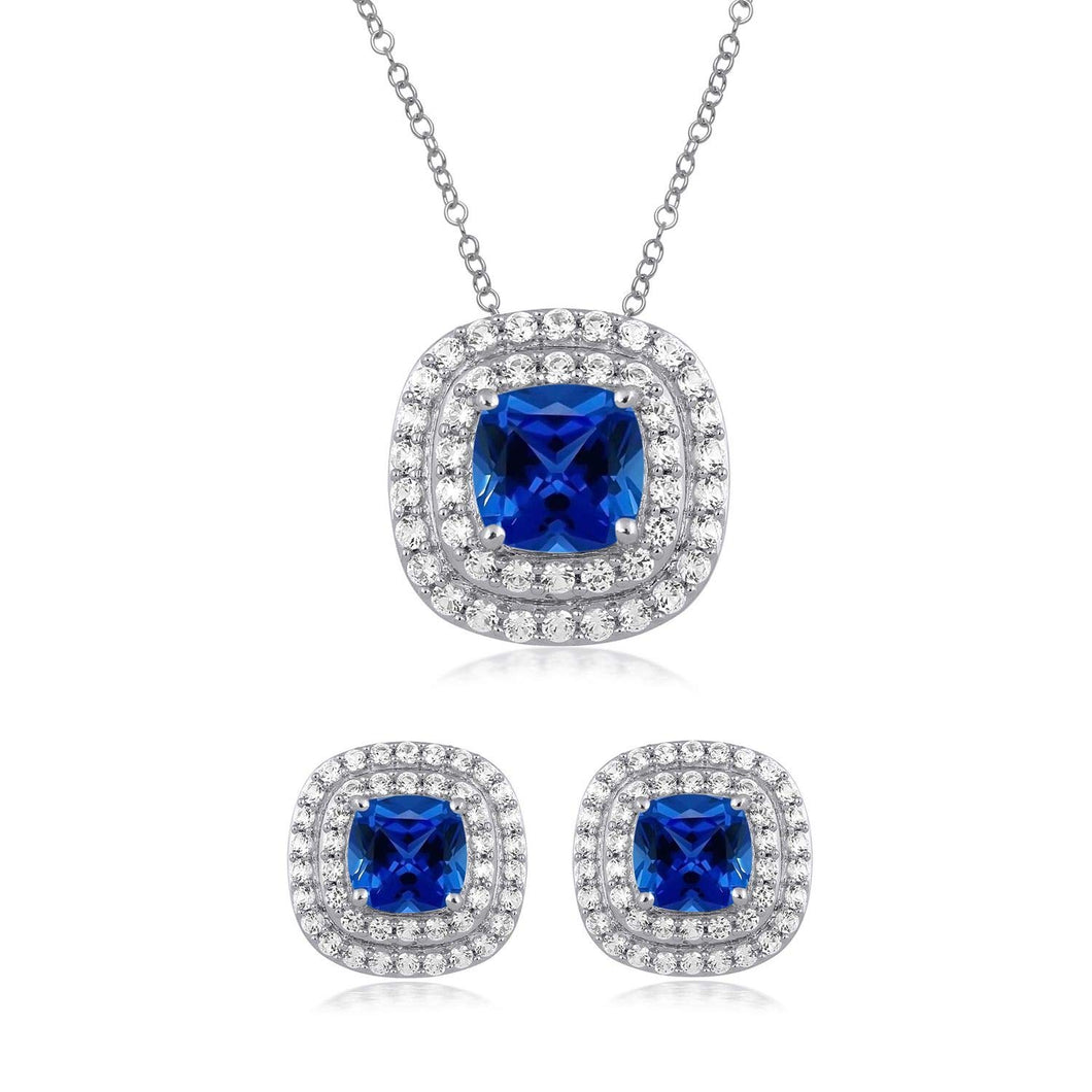 Jewelili Pendant and Stud Earrings Set with Cushion Created Blue Sapphire and Created White Sapphire in Sterling Silver