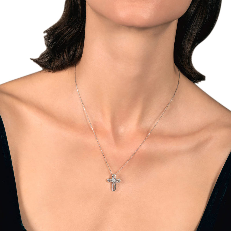 Jewelili Cross Pendant Necklace with Natural White Diamond in Sterling Silver 1/4 CTTW View 1