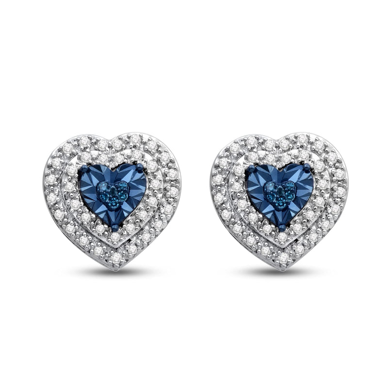 Jewelili Heart Double Halo Stud Earrings with Treated Blue Diamonds and White Diamonds in Sterling Silver 1/4 CTTW View 3