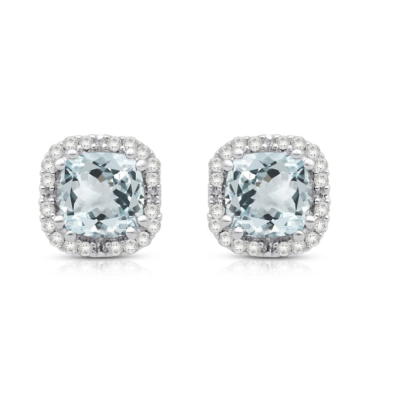 Jewelili Stud Earrings with Aquamarine and Natural White Round Diamonds in 10K White Gold 1/10 CTTW View 2
