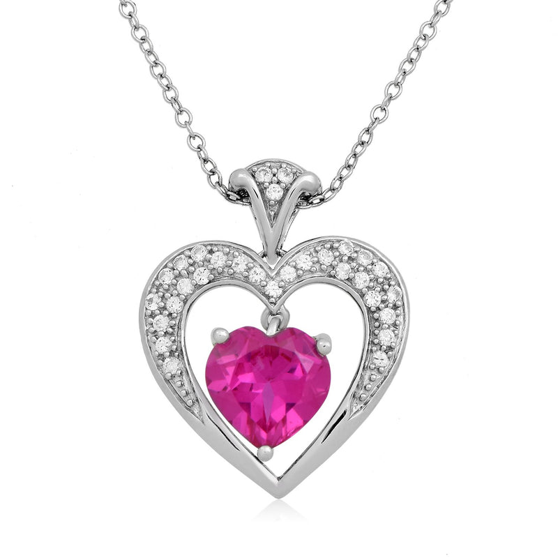 Jewelili Heart Pendant Necklace with Created Pink Sapphire and Created White Sapphire in Sterling Silver