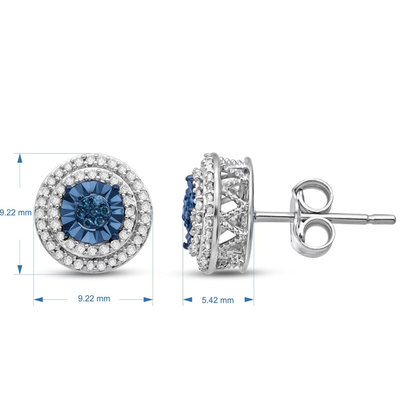 Jewelili Double Halo Stud Earrings with Round Treated Blue Diamonds and White Diamonds in Sterling Silver 1/4 CTTW View 4