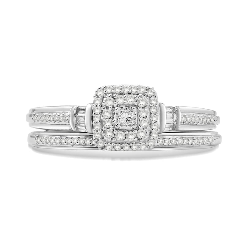 Jewelili 10K White Gold With 1/4 CTTW Princess, Baguette and Round Diamonds Bridal Set