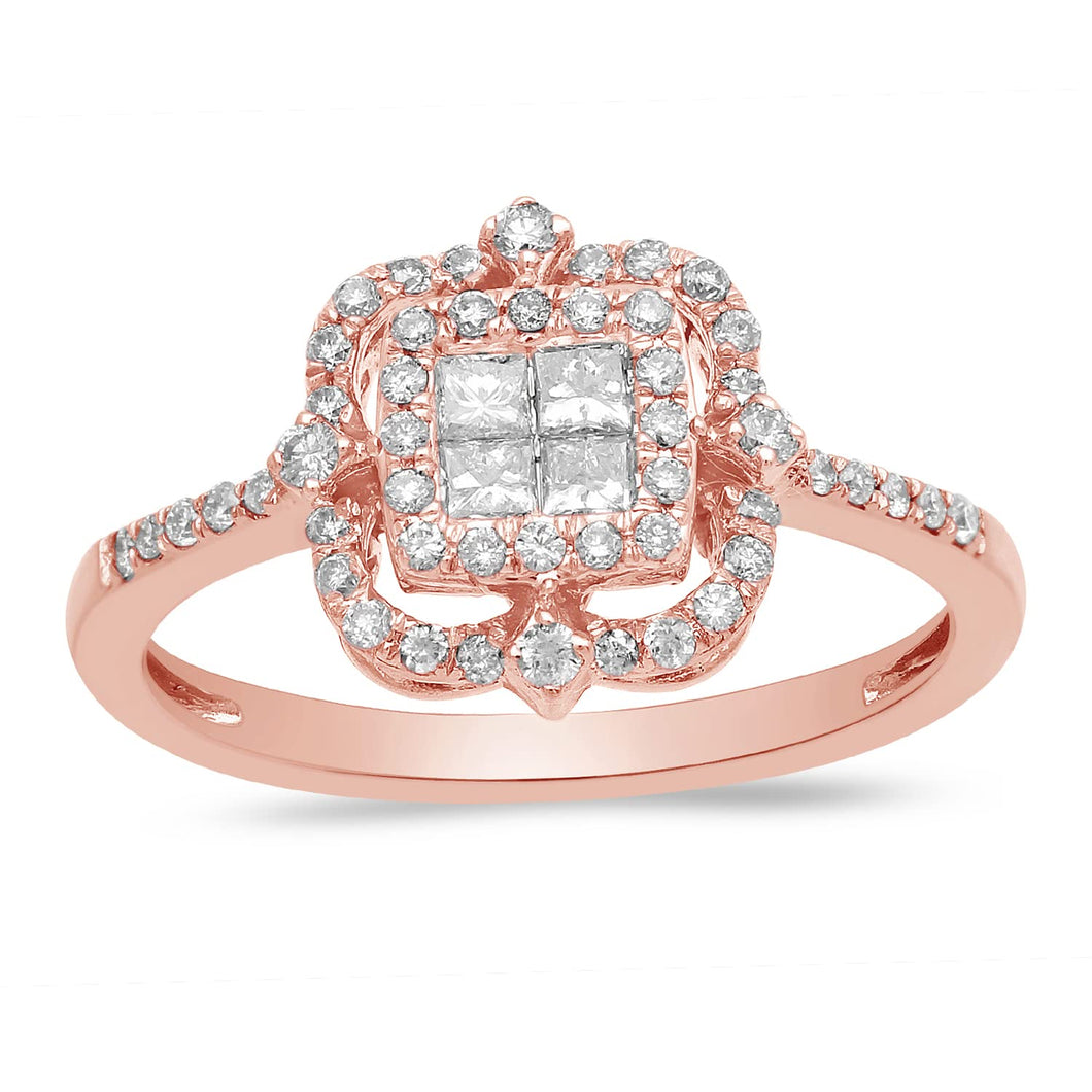 Jewelili Cluster Ring with Princess and Round Diamonds in 14K Rose Gold 1/2 CTTW View 1