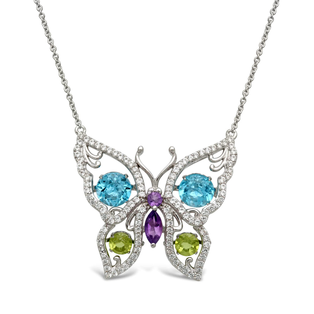 Jewelili Butterfly Pendant Necklace with Amethyst, Peridot, Swiss Blue Topaz and Created White Sapphire in Sterling Silver View 1