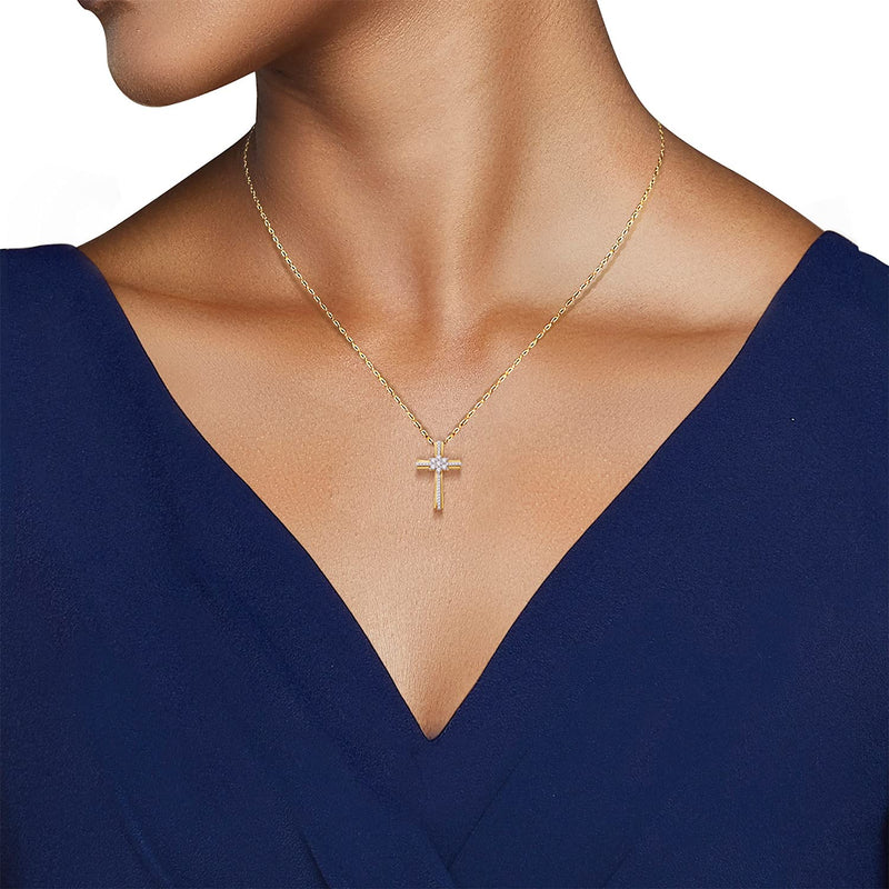 Jewelili Yellow Gold Over Sterling Silver With 1/4 CTTW Natural White Diamonds Cross Pendant Necklace