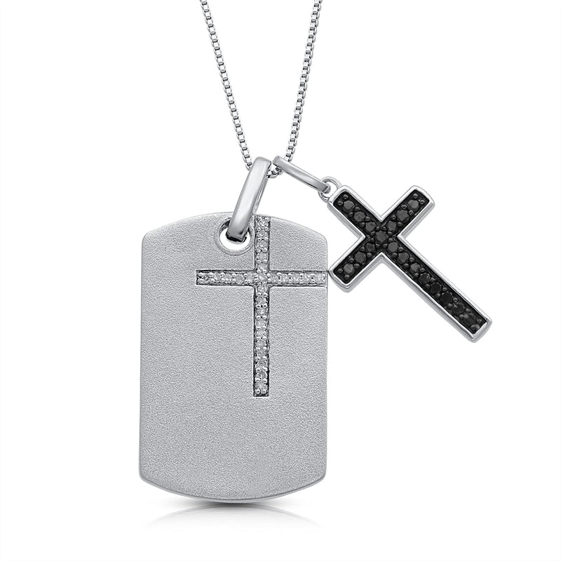 Jewelili Sterling Silver With 1/5 CTTW Treated Black Diamonds and Natural White Round Diamonds Mens Dog Tags Cross Pendant Necklace