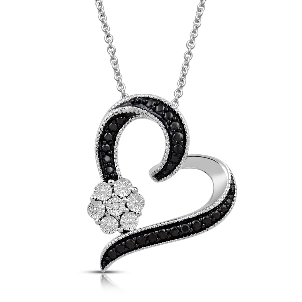 Jewelili Heart Pendant Necklace with Treated Black Diamonds and Natural White Round Shape Diamonds in Sterling Silver 