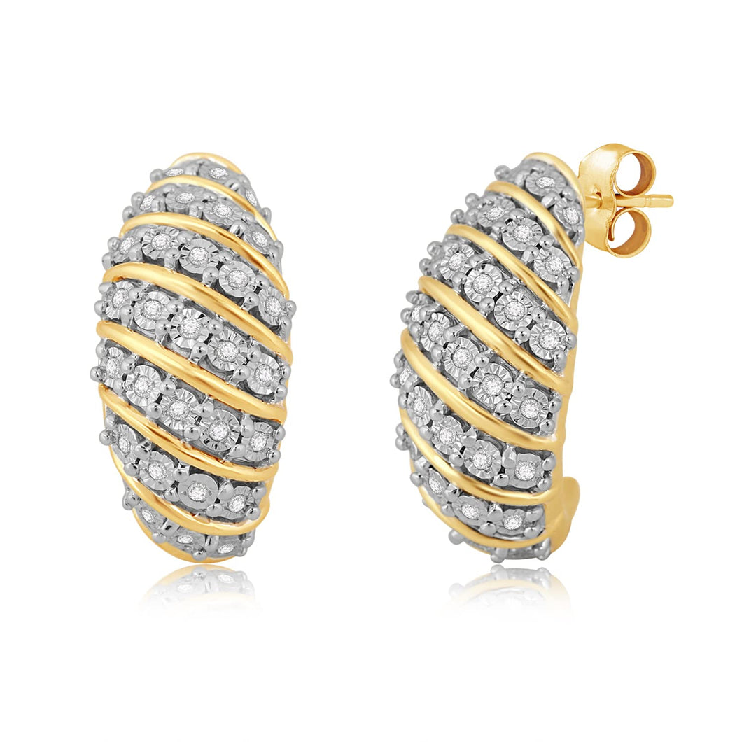 Jewelili Hoop Earrings with Round Natural White Diamonds in 14K Yellow Gold over Sterling Silver 1/4 CTTW View 1