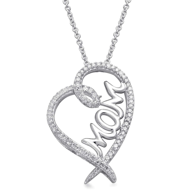 Jewelili Sterling Silver 1/5 CTTW Diamonds Mom Cut Out Tilted Heart Pendant Necklace