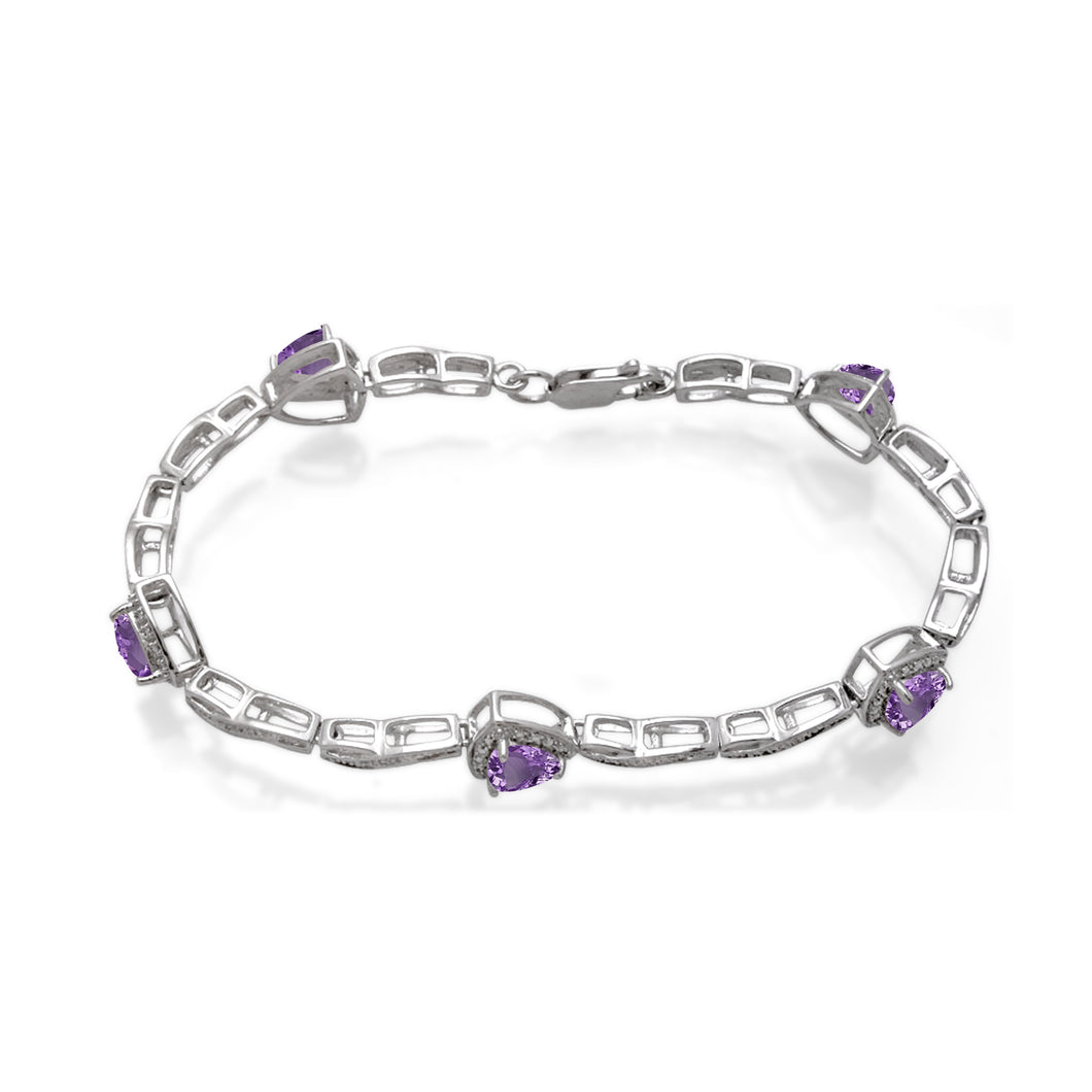 Jewelili Link Bracelet with Trillion Amethyst and Natural White Round Diamonds in Sterling Silver 6 MM