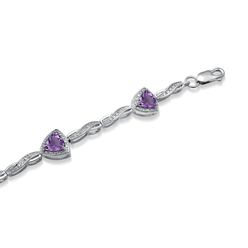 Jewelili Link Bracelet with Trillion Amethyst and Natural White Round Diamonds in Sterling Silver 6 MM View 2