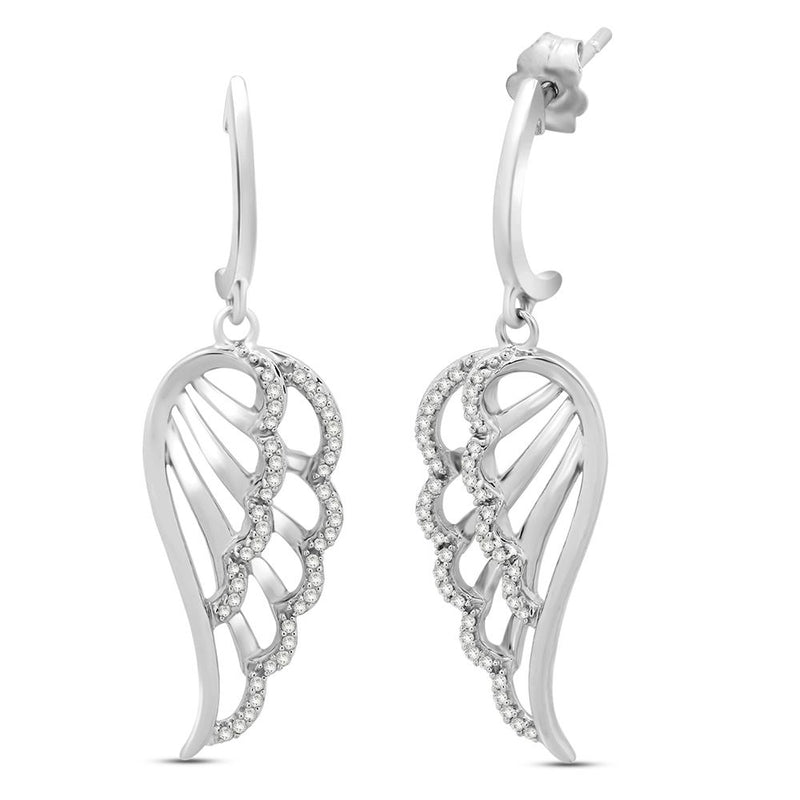 Jewelili 10K White Gold With 1/5 CTTW Natural White Diamond Angel Wing Dangle Earrings