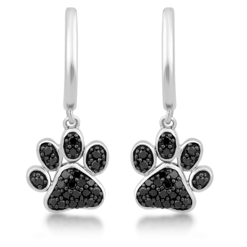 Jewelili Sterling Silver With 3/8 CTTW Treated Black Diamonds Dog Paw Dangle Earrings
