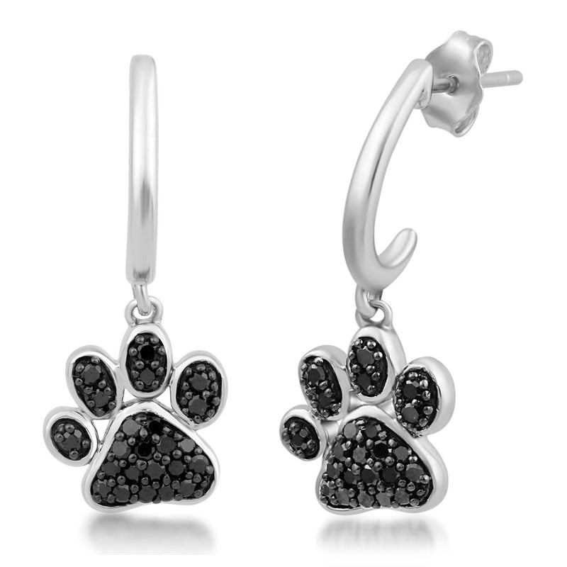 Jewelili Sterling Silver With 3/8 CTTW Treated Black Diamonds Dog Paw Dangle Earrings