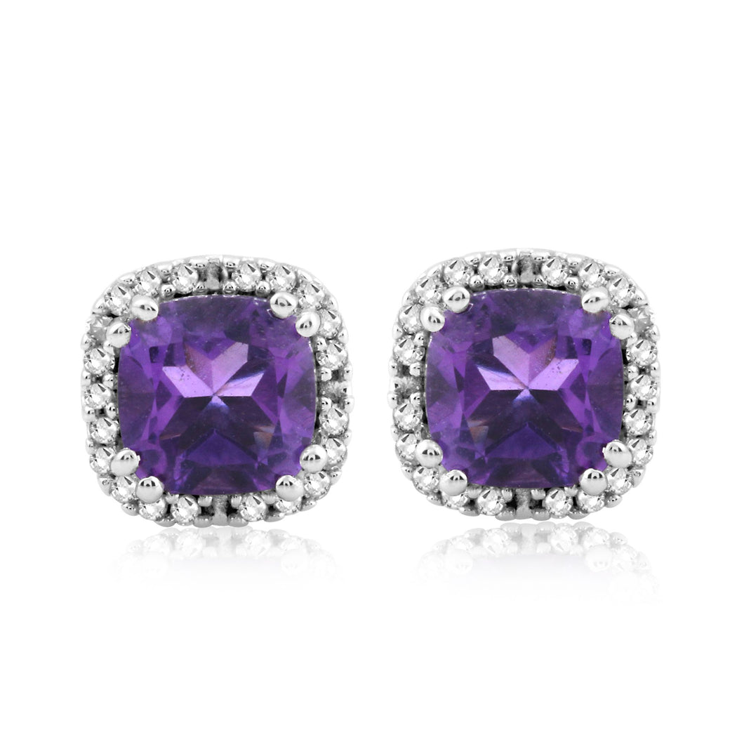 Jewelili 10K White Gold with Cushion Cut Natural Amethyst and 1/10 CTTW Round Natural White Diamonds Halo Stud Earrings