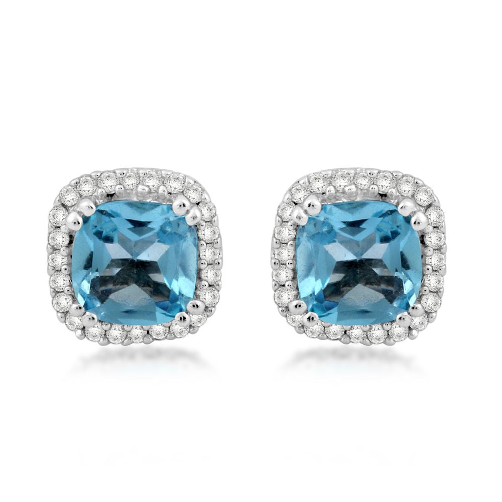 Jewelili 10K White Gold With Cushion Cut Natural Swiss Blue Topaz and 1/10 CTTW Round Natural White Diamonds Halo Stud Earrings