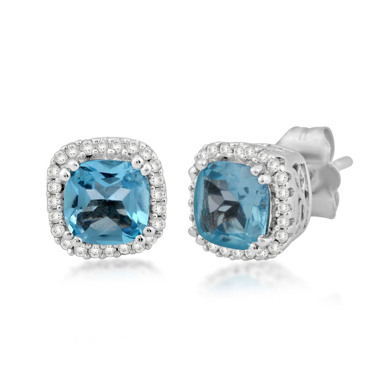 Jewelili 10K White Gold With Cushion Cut Natural Swiss Blue Topaz and 1/10 CTTW Round Natural White Diamonds Halo Stud Earrings