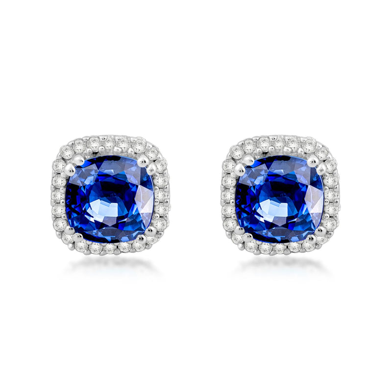 Jewelili 10K White Gold with Cushion Cut Created Blue Sapphire and 1/10 CTTW Round Natural White Diamonds Halo Stud Earrings
