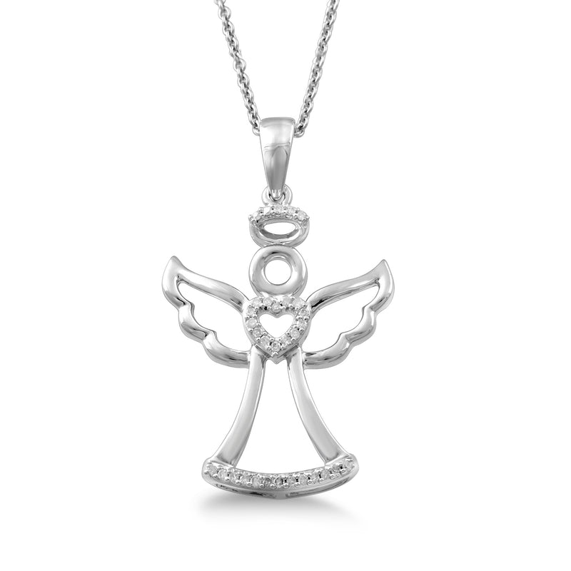 Jewelili Sterling Silver 1/10 CTTW White Diamonds Angel with Heart Pendant Necklace