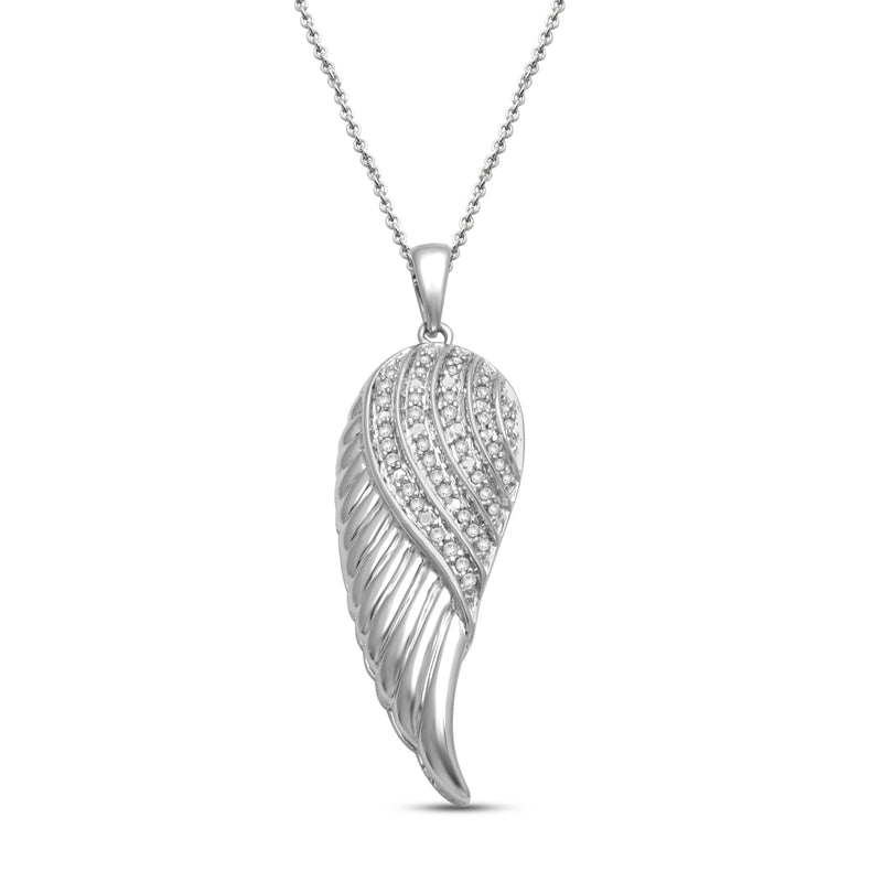 Jewelili Sterling Silver With 1/10 CTTW Diamonds Angel Wing Pendant Necklace