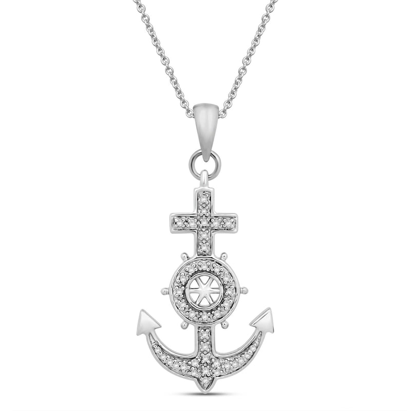 Jewelili Sterling Silver 1/10 CTTW Round White Diamonds Anchor Nautical Steering Wheel Cross Pendant Necklace